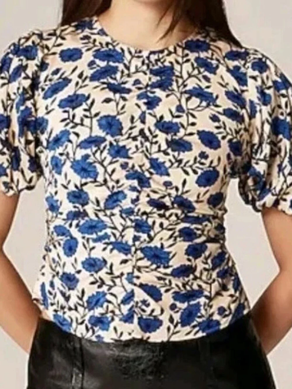 J Crew Puff Sleeve Shirred Smocked Veranda Blouse Sz Sm/4 Satin Blue Floral Nwt